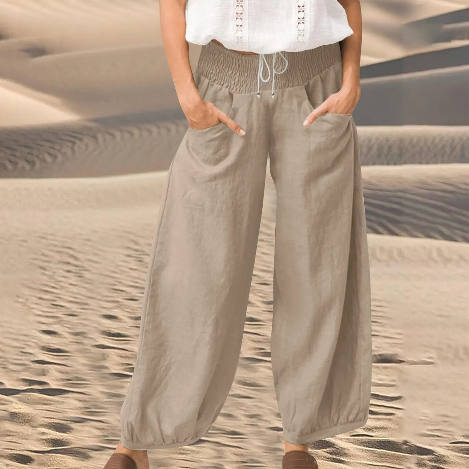 Linen Pants Women Smocked Elastic Waist Casual Summer Palazzo Pants Boho Baggy Wide Leg Trousers with Pockets