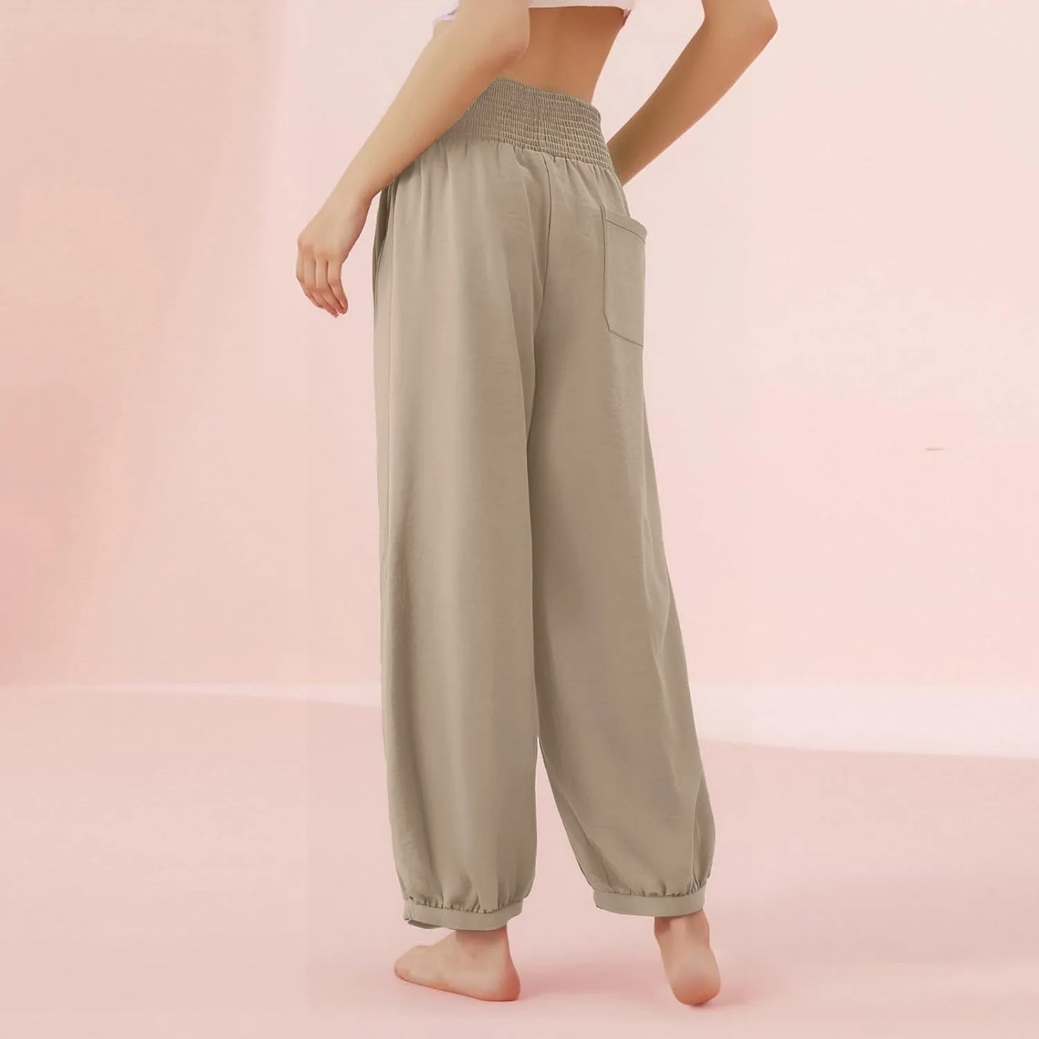 Linen Pants Women Smocked Elastic Waist Casual Summer Palazzo Pants Boho Baggy Wide Leg Trousers with Pockets