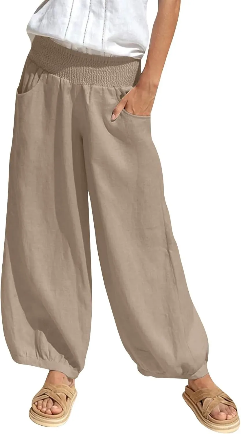 Linen Pants Women Smocked Elastic Waist Casual Summer Palazzo Pants Boho Baggy Wide Leg Trousers with Pockets