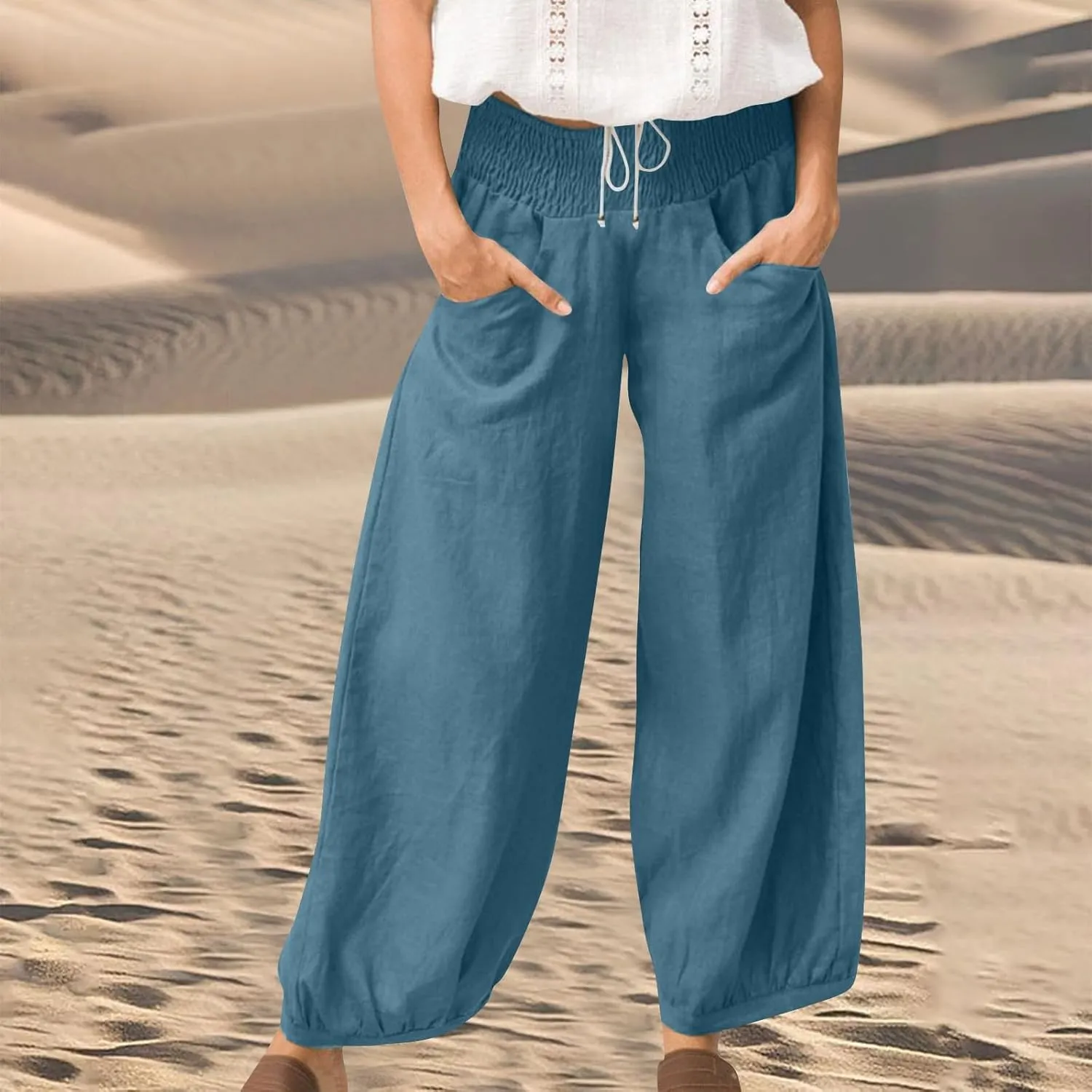 Linen Pants Women Smocked Elastic Waist Casual Summer Palazzo Pants Boho Baggy Wide Leg Trousers with Pockets