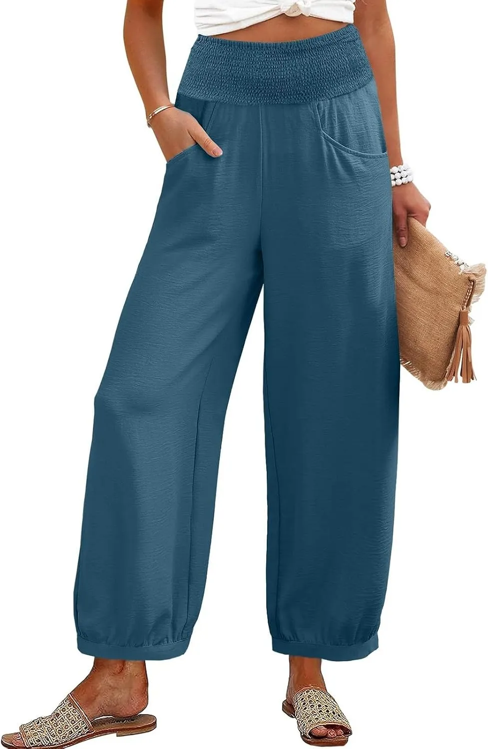 Linen Pants Women Smocked Elastic Waist Casual Summer Palazzo Pants Boho Baggy Wide Leg Trousers with Pockets