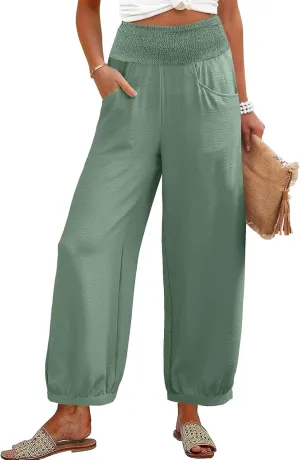 Linen Pants Women Smocked Elastic Waist Casual Summer Palazzo Pants Boho Baggy Wide Leg Trousers with Pockets
