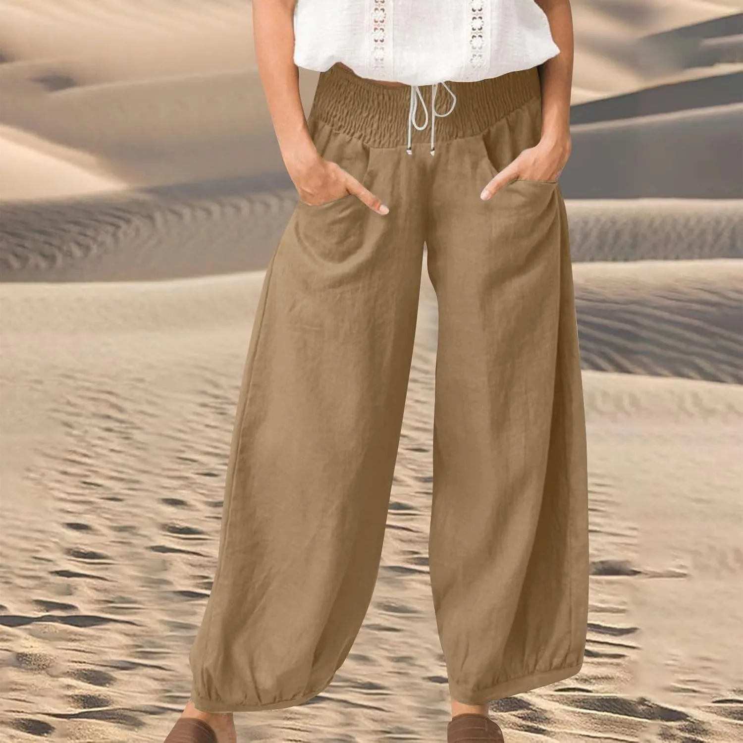 Linen Pants Women Smocked Elastic Waist Casual Summer Palazzo Pants Boho Baggy Wide Leg Trousers with Pockets