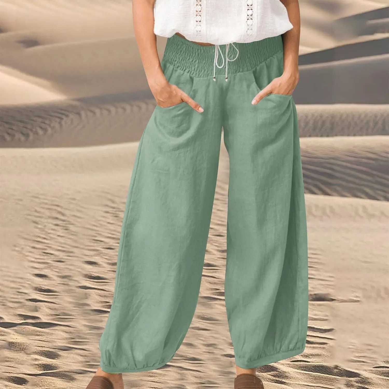 Linen Pants Women Smocked Elastic Waist Casual Summer Palazzo Pants Boho Baggy Wide Leg Trousers with Pockets