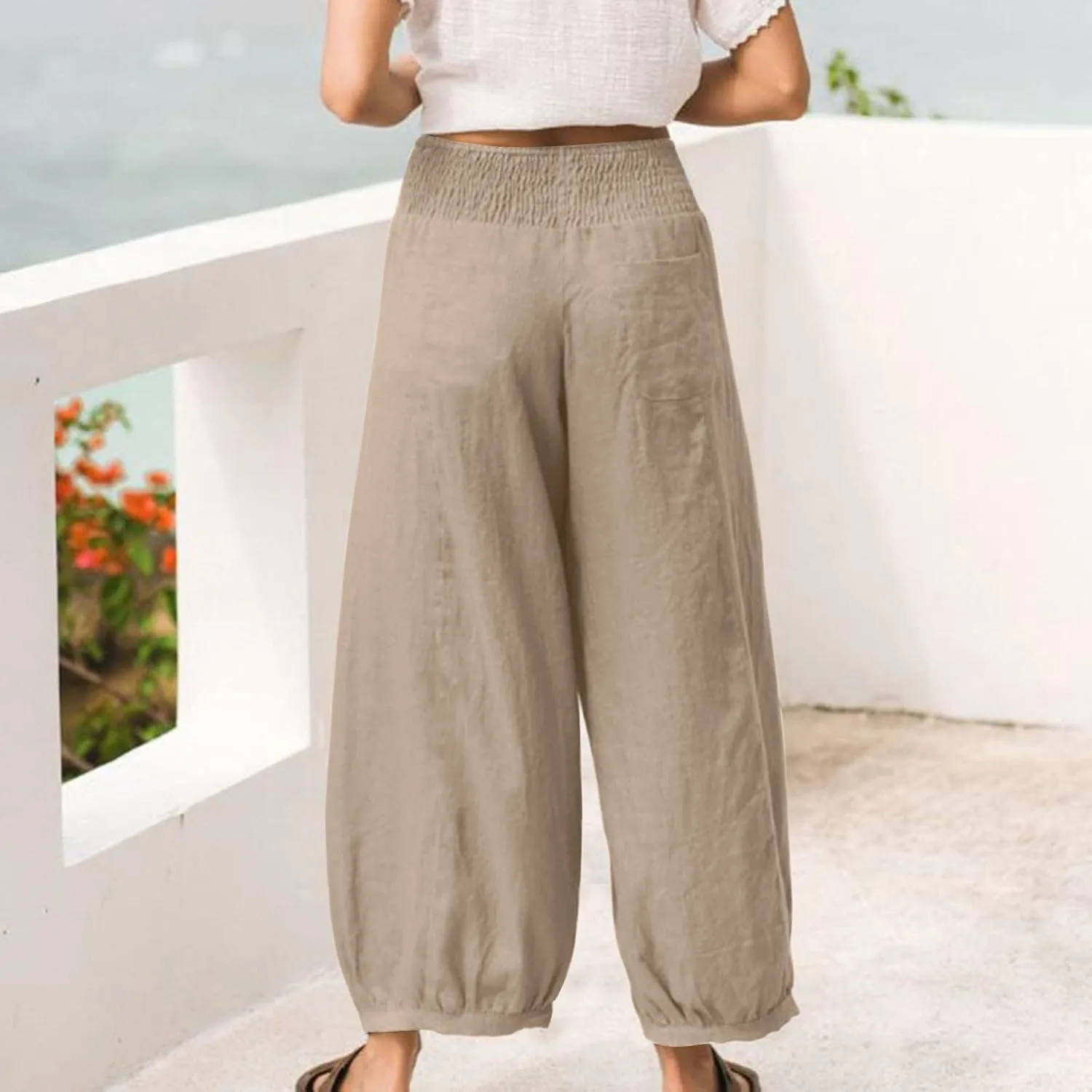 Linen Pants Women Smocked Elastic Waist Casual Summer Palazzo Pants Boho Baggy Wide Leg Trousers with Pockets