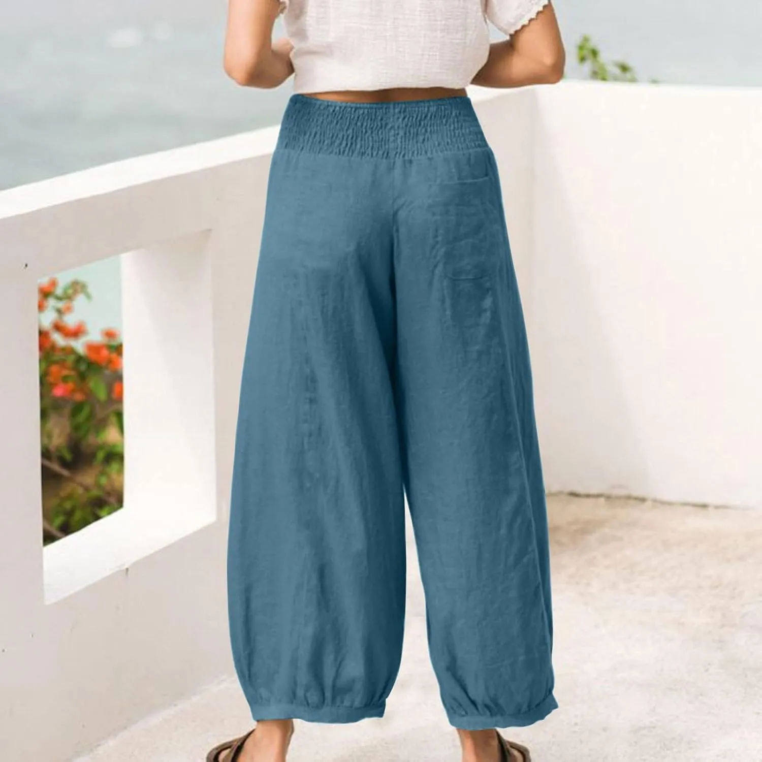 Linen Pants Women Smocked Elastic Waist Casual Summer Palazzo Pants Boho Baggy Wide Leg Trousers with Pockets