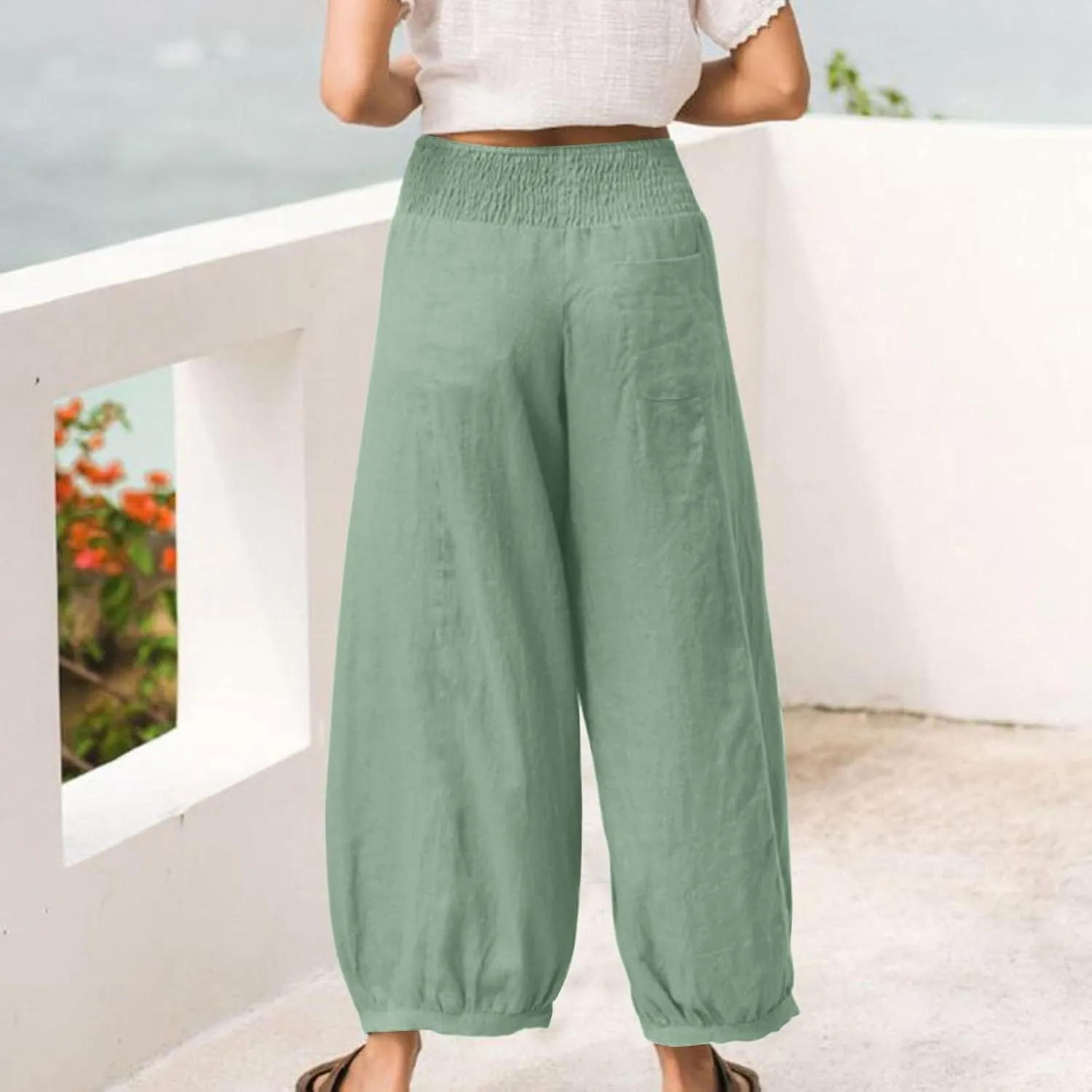 Linen Pants Women Smocked Elastic Waist Casual Summer Palazzo Pants Boho Baggy Wide Leg Trousers with Pockets