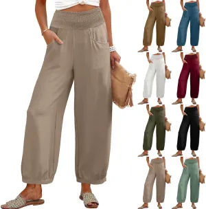 Linen Pants Women Smocked Elastic Waist Casual Summer Palazzo Pants Boho Baggy Wide Leg Trousers with Pockets