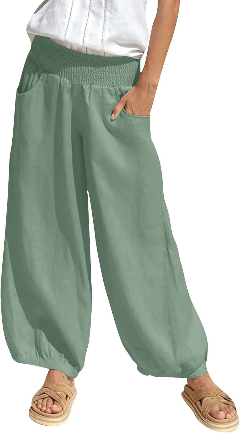 Linen Pants Women Smocked Elastic Waist Casual Summer Palazzo Pants Boho Baggy Wide Leg Trousers with Pockets