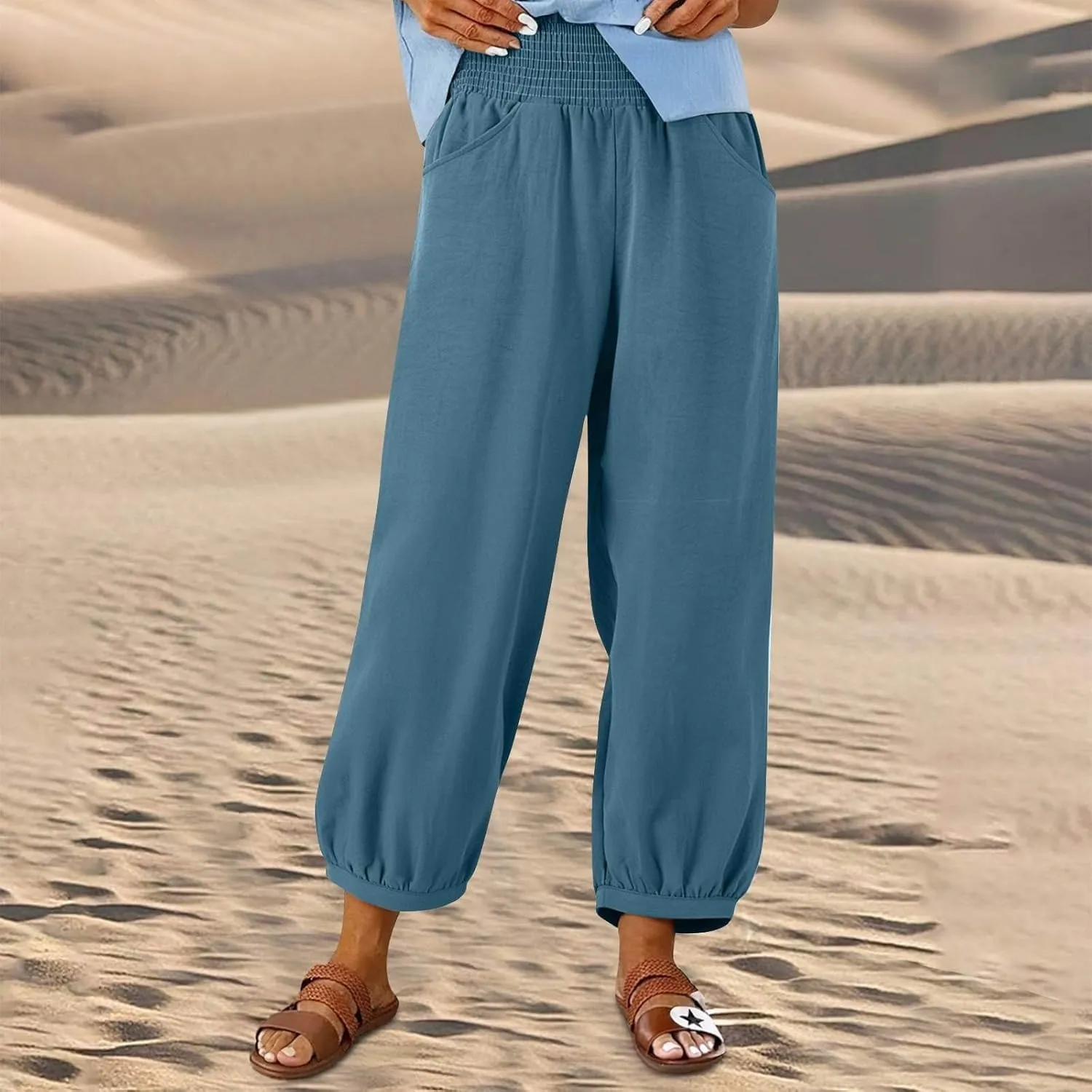 Linen Pants Women Smocked Elastic Waist Casual Summer Palazzo Pants Boho Baggy Wide Leg Trousers with Pockets