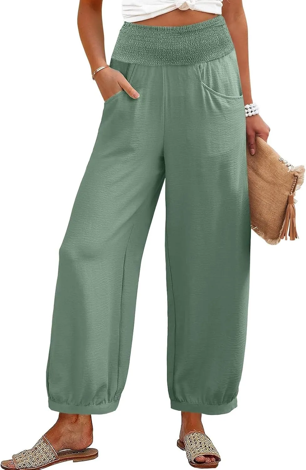 Linen Pants Women Smocked Elastic Waist Casual Summer Palazzo Pants Boho Baggy Wide Leg Trousers with Pockets