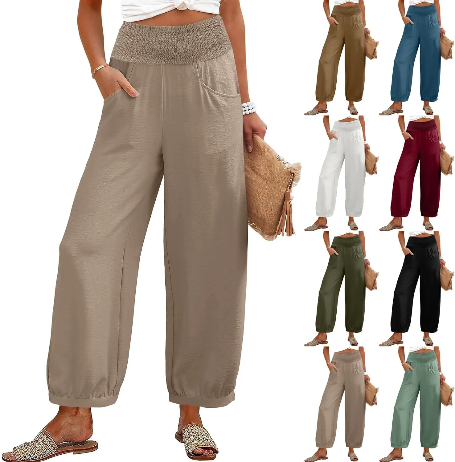 Linen Pants Women Smocked Elastic Waist Casual Summer Palazzo Pants Boho Baggy Wide Leg Trousers with Pockets