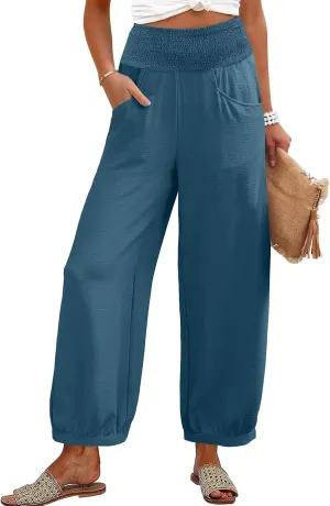 Linen Pants Women Smocked Elastic Waist Casual Summer Palazzo Pants Boho Baggy Wide Leg Trousers with Pockets