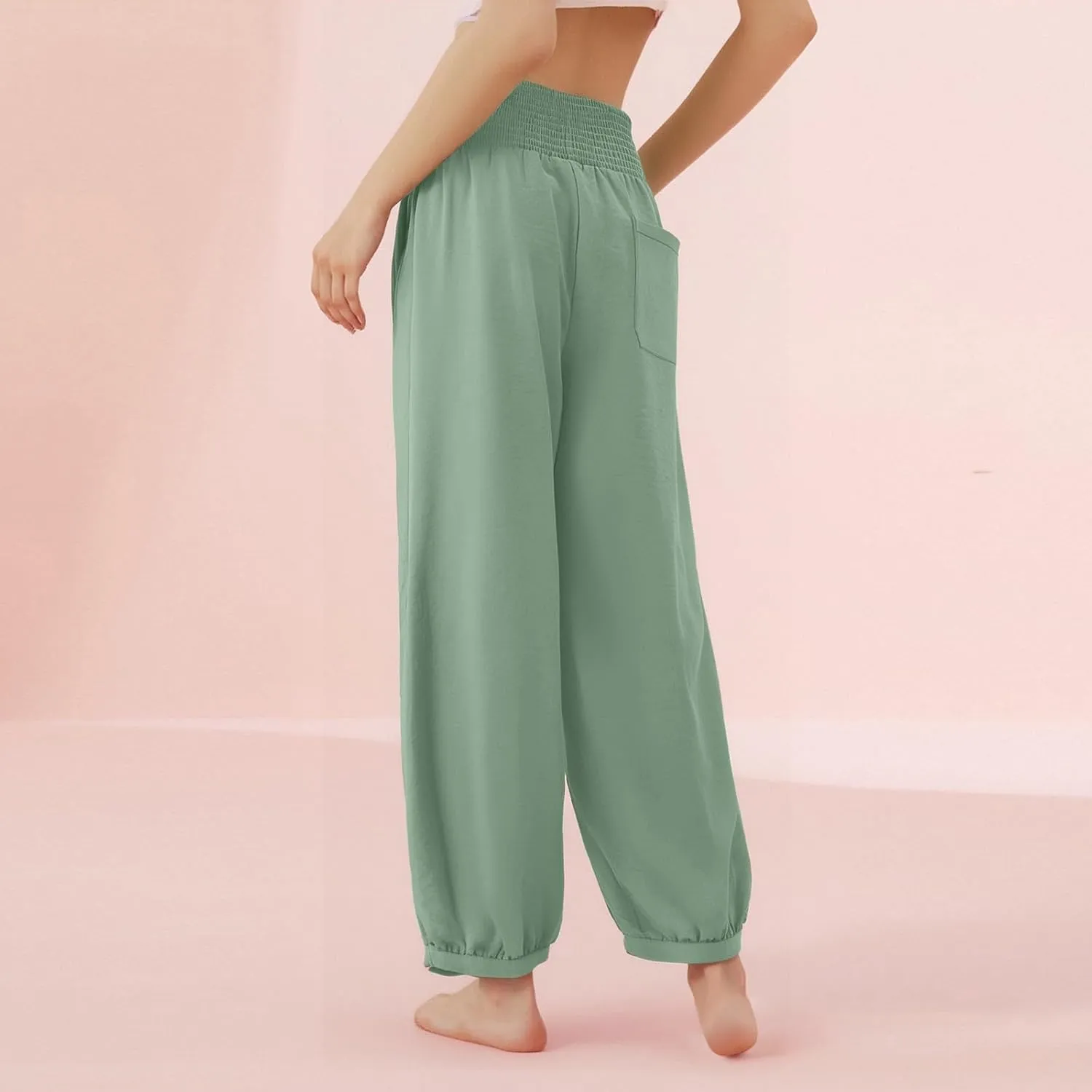 Linen Pants Women Smocked Elastic Waist Casual Summer Palazzo Pants Boho Baggy Wide Leg Trousers with Pockets