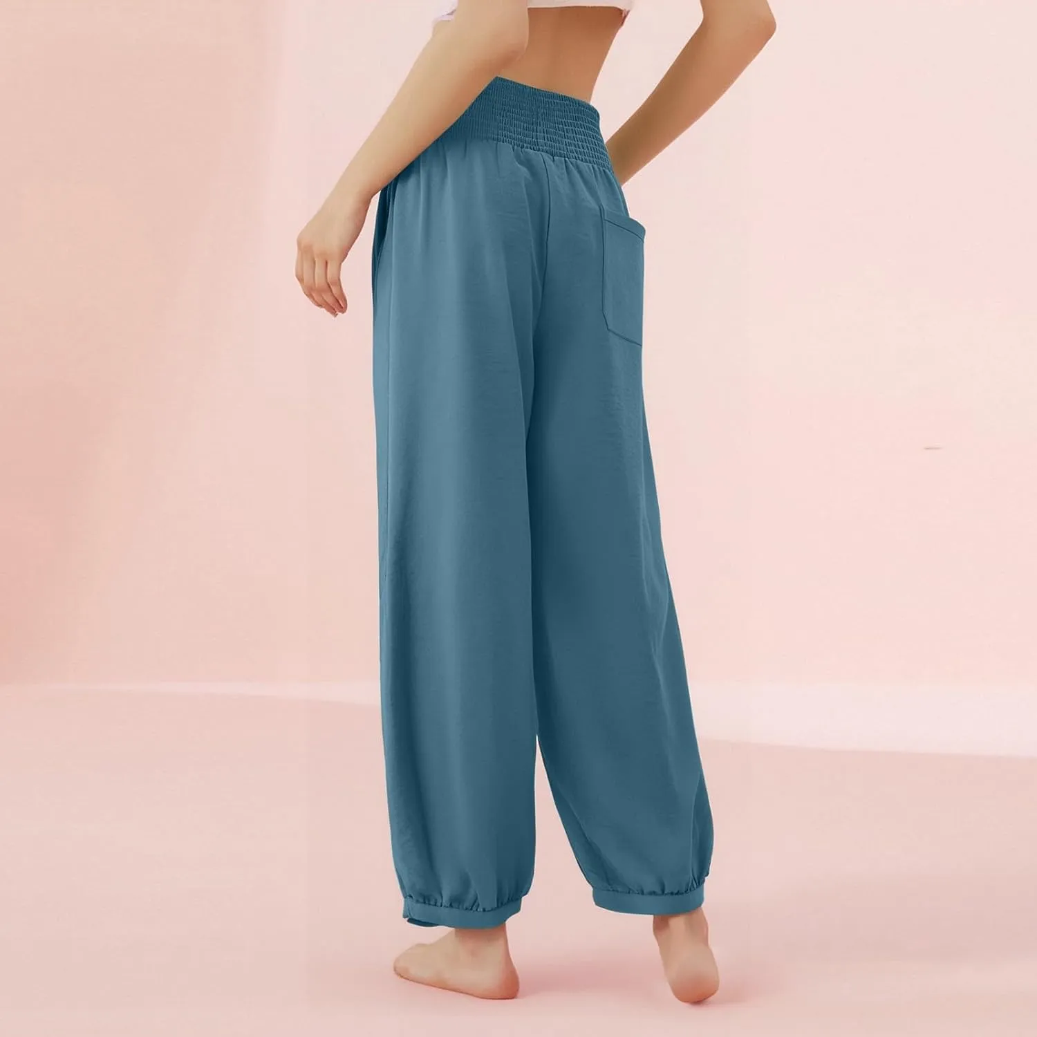 Linen Pants Women Smocked Elastic Waist Casual Summer Palazzo Pants Boho Baggy Wide Leg Trousers with Pockets