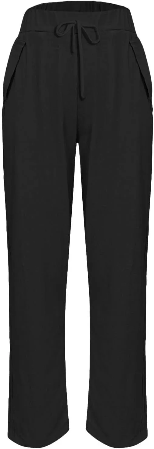 Linen Pants Women Summer High Elastic Waist Drawstring Palazzo Pants Straight Leg Slacks Cropped Trousers with Pockets