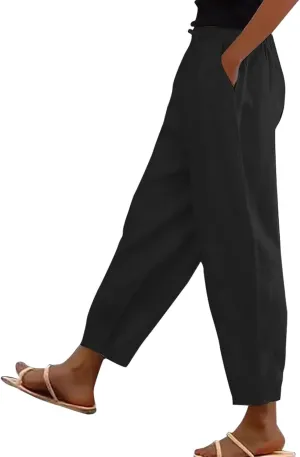 Linen Pants Women Summer High Elastic Waist Drawstring Palazzo Pants Straight Leg Slacks Cropped Trousers with Pockets