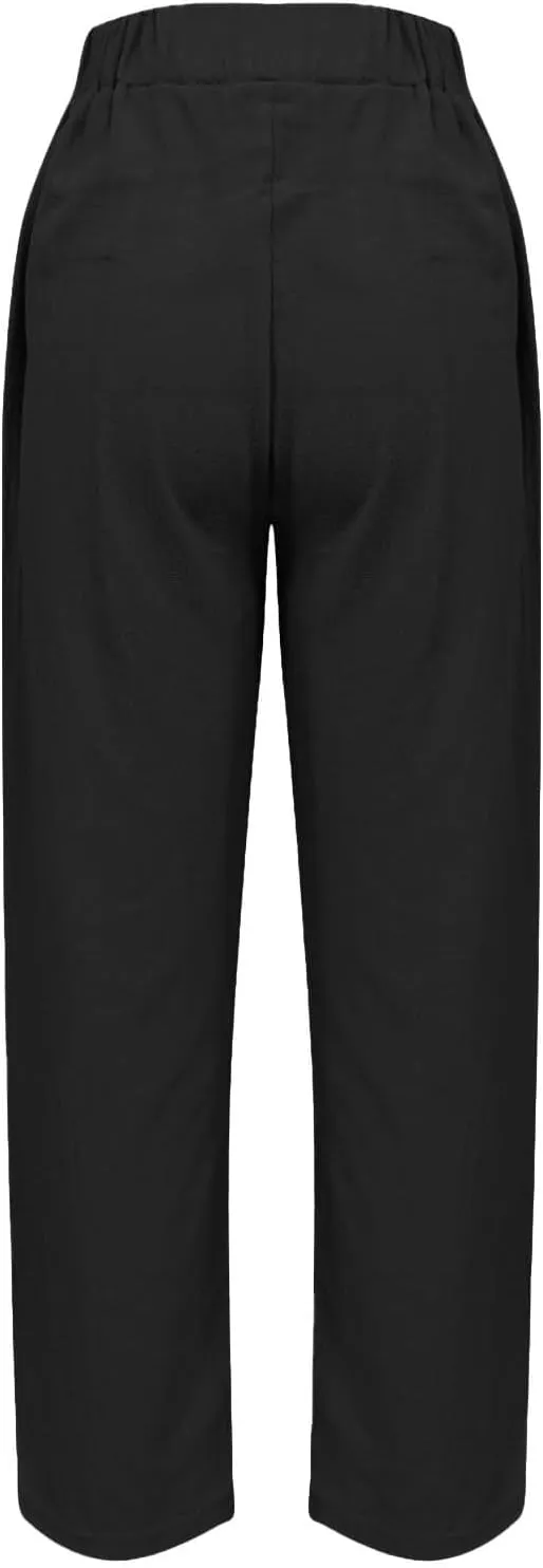 Linen Pants Women Summer High Elastic Waist Drawstring Palazzo Pants Straight Leg Slacks Cropped Trousers with Pockets