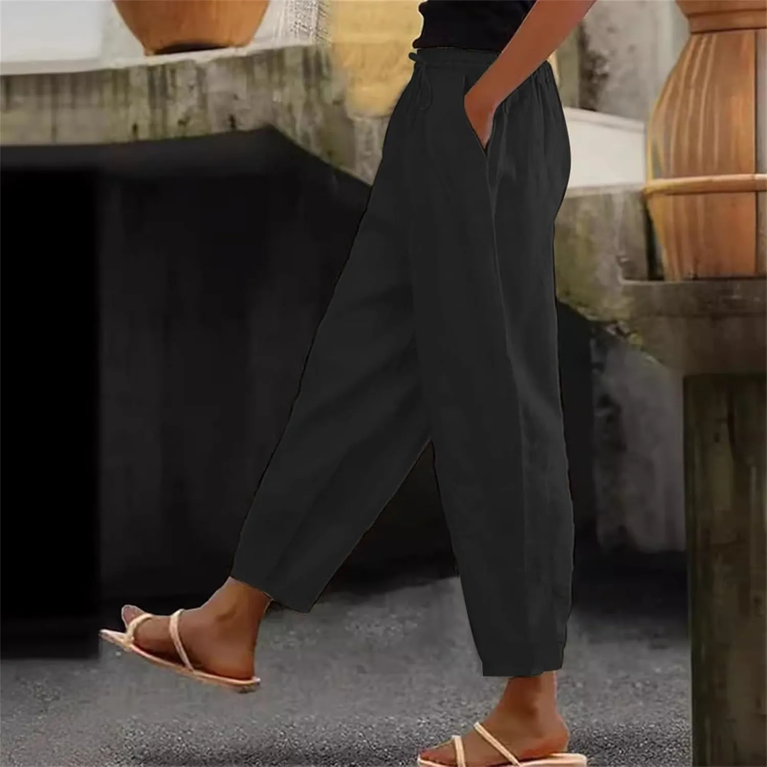 Linen Pants Women Summer High Elastic Waist Drawstring Palazzo Pants Straight Leg Slacks Cropped Trousers with Pockets