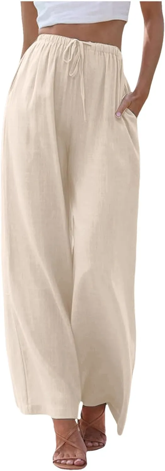 Linen Pants Women Summer Palazzo Pants Flowy Wide Leg High Elastic Waist Drawstring Trousers Loose Beach Pants with Pocket