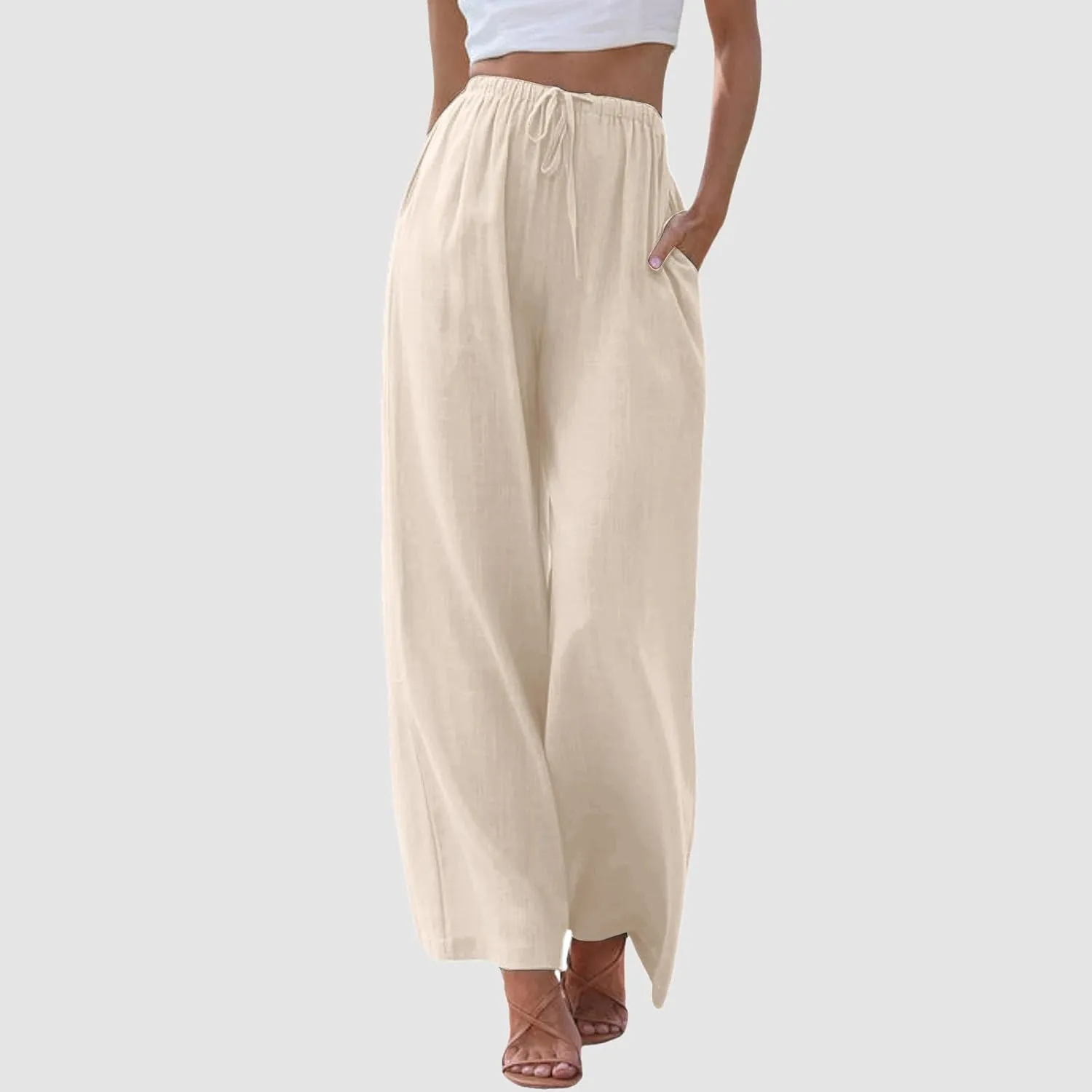 Linen Pants Women Summer Palazzo Pants Flowy Wide Leg High Elastic Waist Drawstring Trousers Loose Beach Pants with Pocket