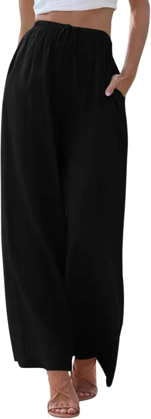 Linen Pants Women Summer Palazzo Pants Flowy Wide Leg High Elastic Waist Drawstring Trousers Loose Beach Pants with Pocket