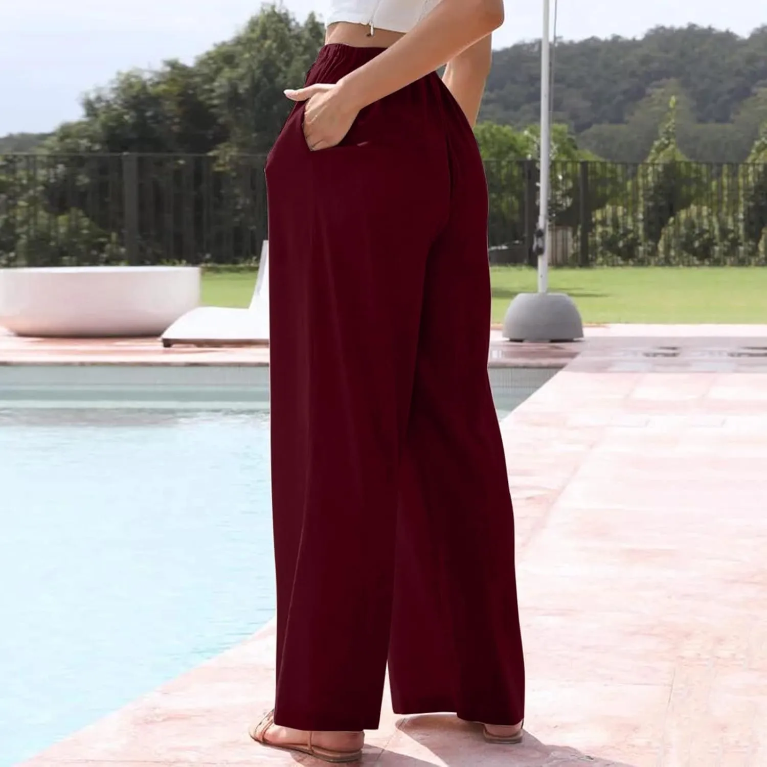 Linen Pants Women Summer Palazzo Pants Flowy Wide Leg High Elastic Waist Drawstring Trousers Loose Beach Pants with Pocket