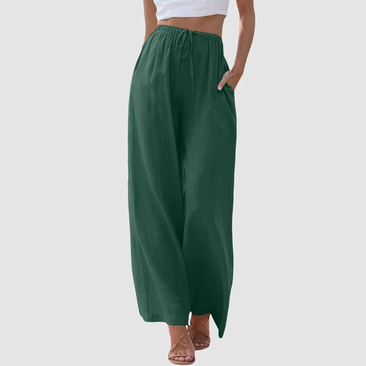 Linen Pants Women Summer Palazzo Pants Flowy Wide Leg High Elastic Waist Drawstring Trousers Loose Beach Pants with Pocket