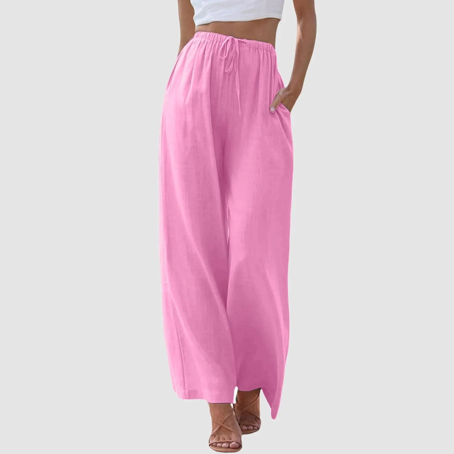 Linen Pants Women Summer Palazzo Pants Flowy Wide Leg High Elastic Waist Drawstring Trousers Loose Beach Pants with Pocket