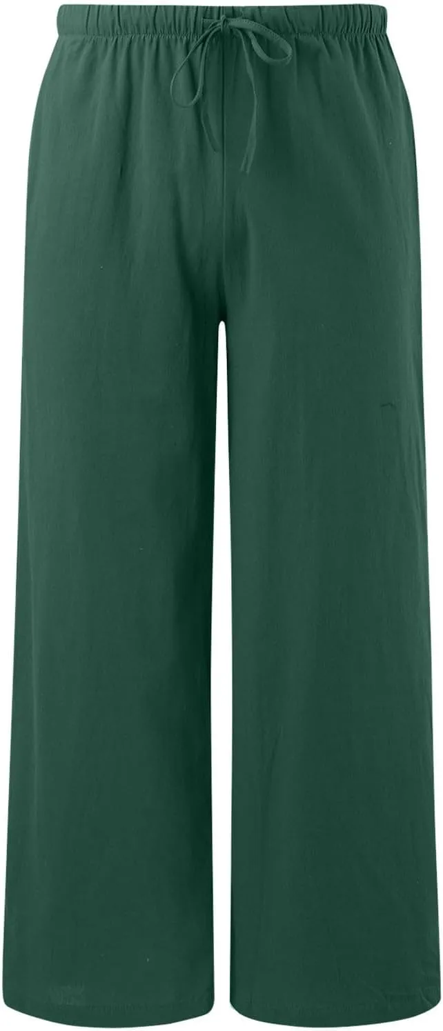 Linen Pants Women Summer Palazzo Pants Flowy Wide Leg High Elastic Waist Drawstring Trousers Loose Beach Pants with Pocket