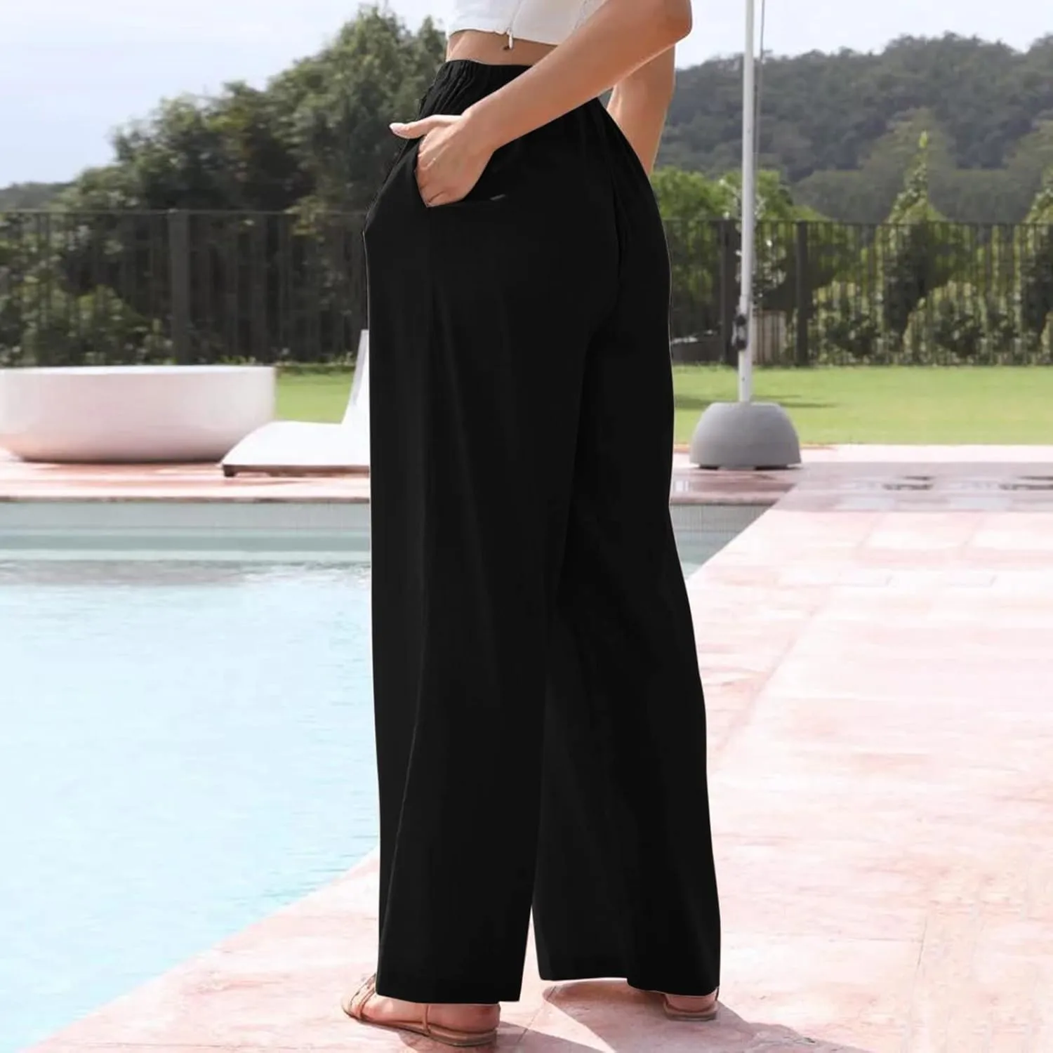 Linen Pants Women Summer Palazzo Pants Flowy Wide Leg High Elastic Waist Drawstring Trousers Loose Beach Pants with Pocket