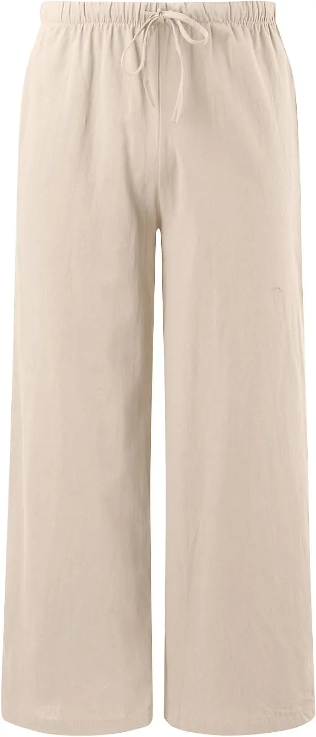 Linen Pants Women Summer Palazzo Pants Flowy Wide Leg High Elastic Waist Drawstring Trousers Loose Beach Pants with Pocket