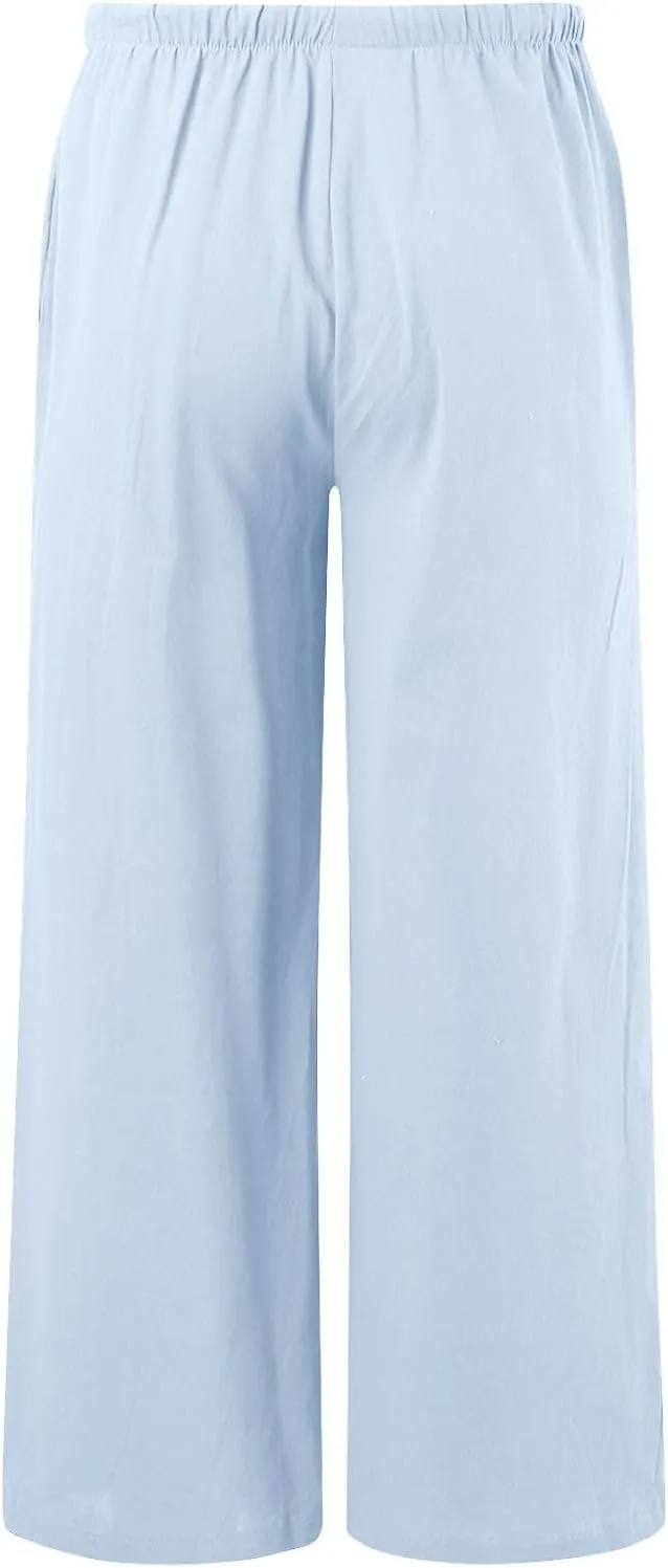 Linen Pants Women Summer Palazzo Pants Flowy Wide Leg High Elastic Waist Drawstring Trousers Loose Beach Pants with Pocket