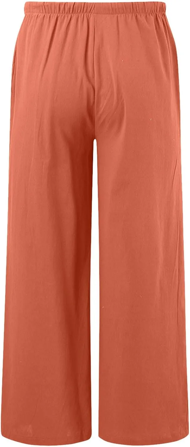 Linen Pants Women Summer Palazzo Pants Flowy Wide Leg High Elastic Waist Drawstring Trousers Loose Beach Pants with Pocket