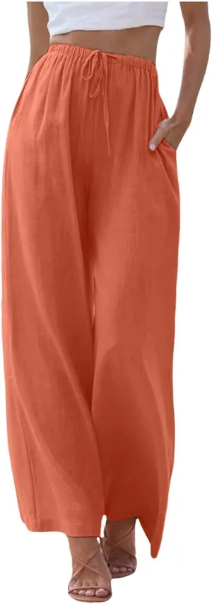 Linen Pants Women Summer Palazzo Pants Flowy Wide Leg High Elastic Waist Drawstring Trousers Loose Beach Pants with Pocket