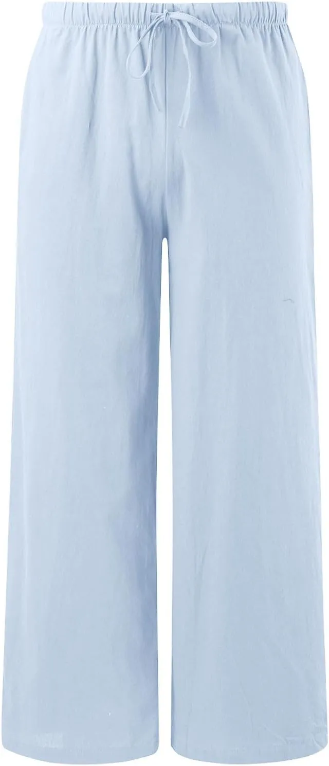 Linen Pants Women Summer Palazzo Pants Flowy Wide Leg High Elastic Waist Drawstring Trousers Loose Beach Pants with Pocket