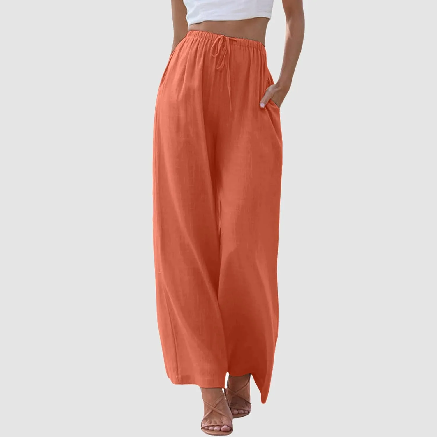 Linen Pants Women Summer Palazzo Pants Flowy Wide Leg High Elastic Waist Drawstring Trousers Loose Beach Pants with Pocket