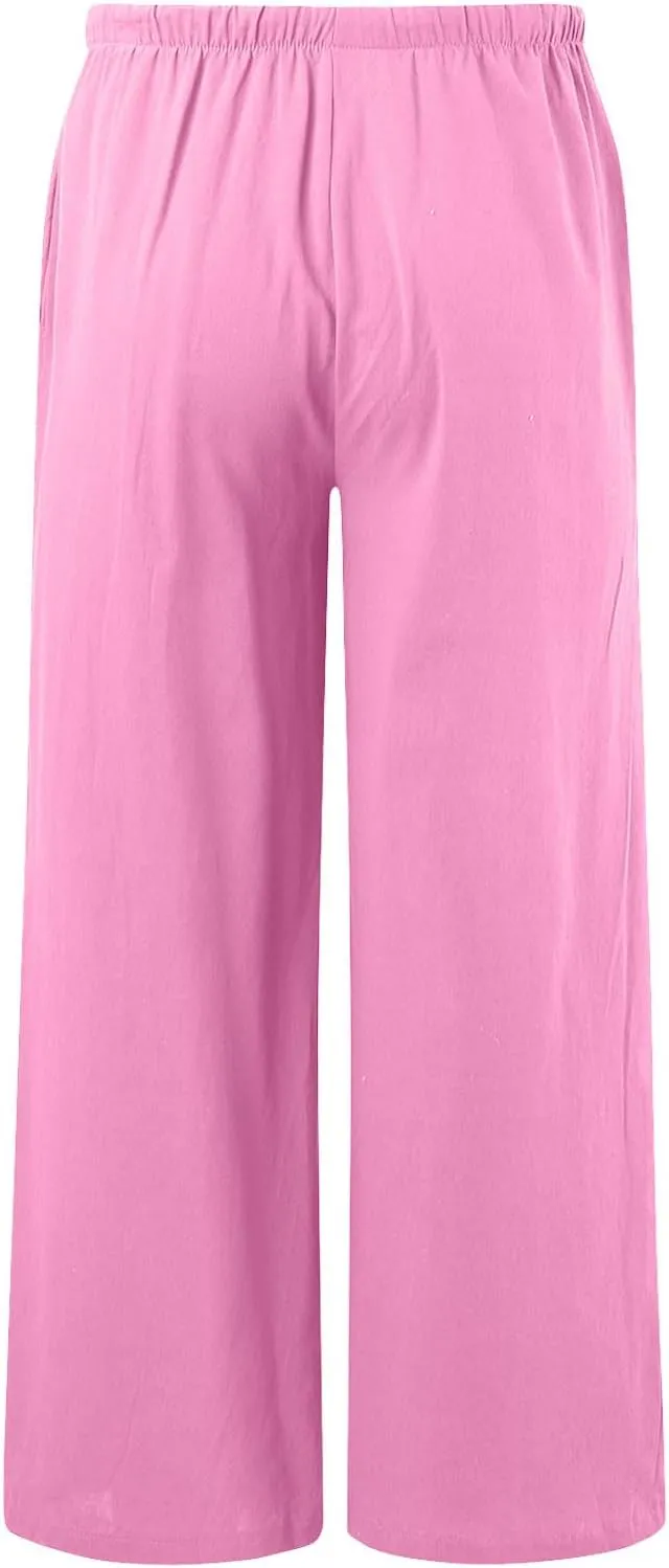 Linen Pants Women Summer Palazzo Pants Flowy Wide Leg High Elastic Waist Drawstring Trousers Loose Beach Pants with Pocket