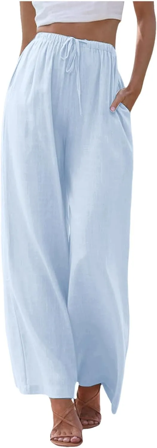 Linen Pants Women Summer Palazzo Pants Flowy Wide Leg High Elastic Waist Drawstring Trousers Loose Beach Pants with Pocket