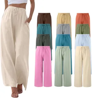 Linen Pants Women Summer Palazzo Pants Flowy Wide Leg High Elastic Waist Drawstring Trousers Loose Beach Pants with Pocket