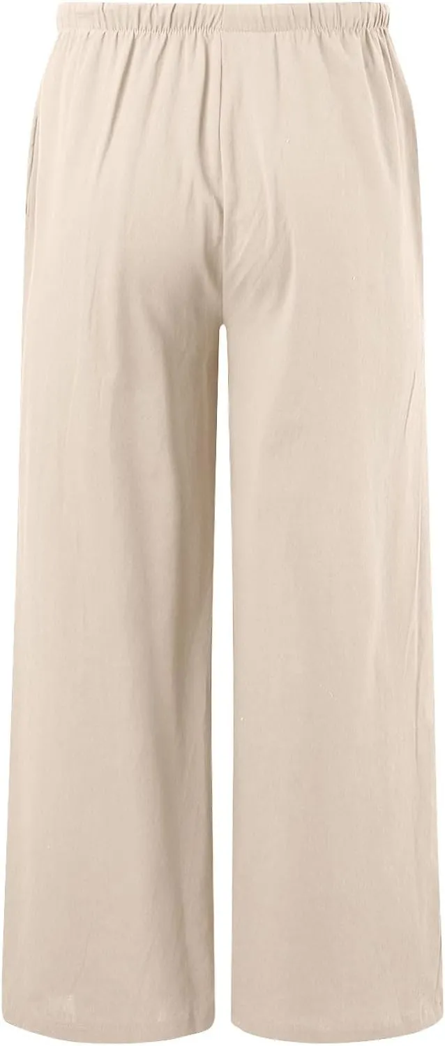 Linen Pants Women Summer Palazzo Pants Flowy Wide Leg High Elastic Waist Drawstring Trousers Loose Beach Pants with Pocket