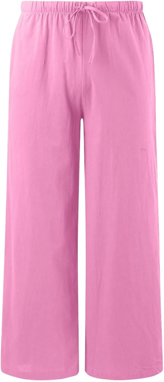 Linen Pants Women Summer Palazzo Pants Flowy Wide Leg High Elastic Waist Drawstring Trousers Loose Beach Pants with Pocket