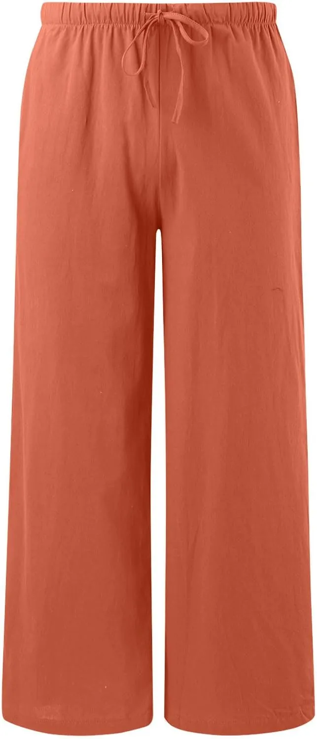 Linen Pants Women Summer Palazzo Pants Flowy Wide Leg High Elastic Waist Drawstring Trousers Loose Beach Pants with Pocket