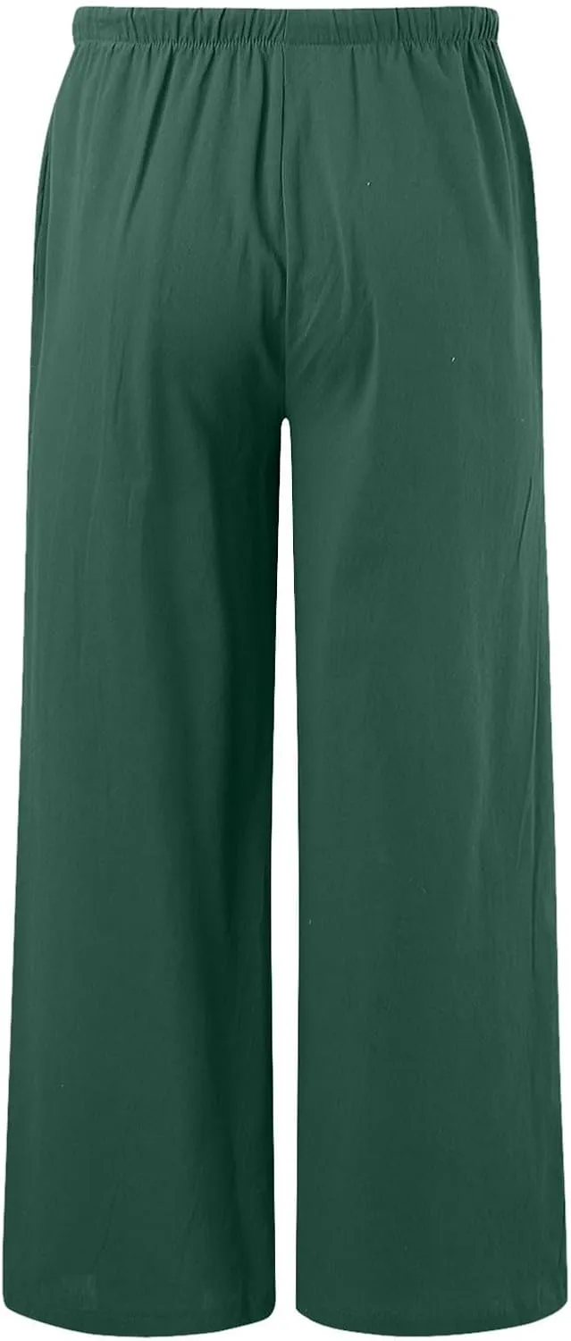 Linen Pants Women Summer Palazzo Pants Flowy Wide Leg High Elastic Waist Drawstring Trousers Loose Beach Pants with Pocket