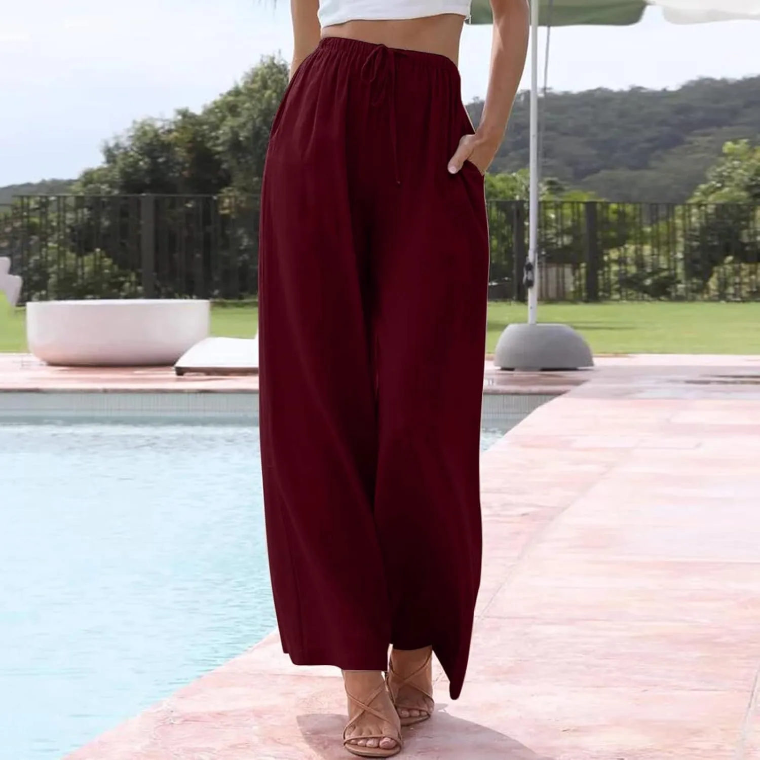 Linen Pants Women Summer Palazzo Pants Flowy Wide Leg High Elastic Waist Drawstring Trousers Loose Beach Pants with Pocket