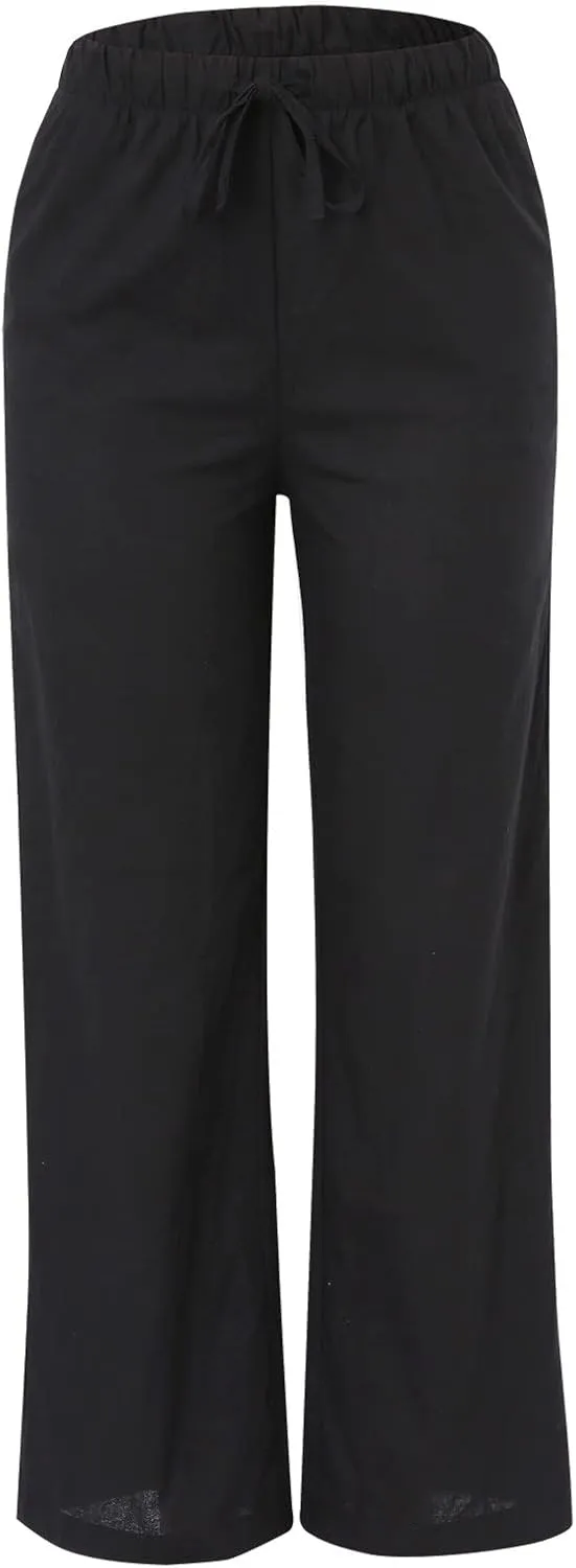 Linen Pants Women Summer Palazzo Pants Flowy Wide Leg High Elastic Waist Drawstring Trousers Loose Beach Pants with Pocket