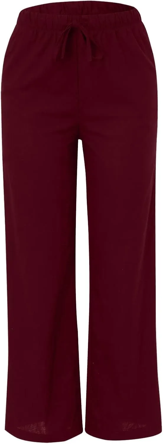 Linen Pants Women Summer Palazzo Pants Flowy Wide Leg High Elastic Waist Drawstring Trousers Loose Beach Pants with Pocket