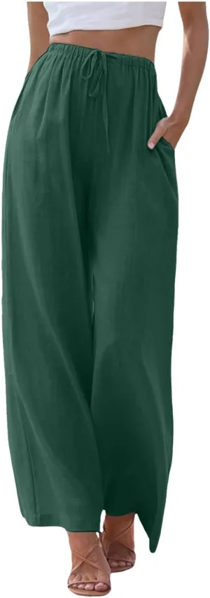Linen Pants Women Summer Palazzo Pants Flowy Wide Leg High Elastic Waist Drawstring Trousers Loose Beach Pants with Pocket