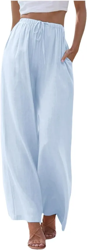Linen Pants Women Summer Palazzo Pants Flowy Wide Leg High Elastic Waist Drawstring Trousers Loose Beach Pants with Pocket