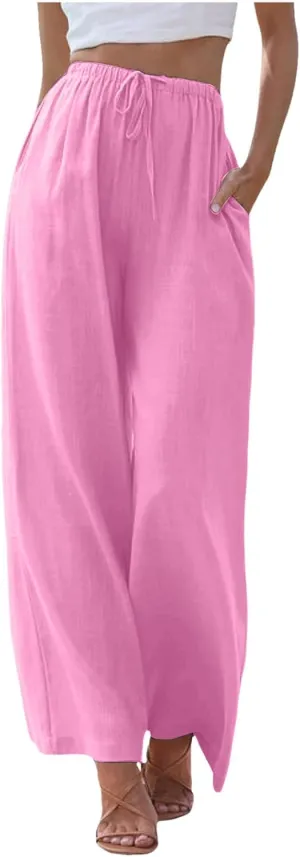Linen Pants Women Summer Palazzo Pants Flowy Wide Leg High Elastic Waist Drawstring Trousers Loose Beach Pants with Pocket